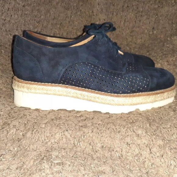 L'INTERVALLE-Spain-Perforated Blue Suede Espadrille Flatforms-Sz 7-Excellent - Picture 3 of 6